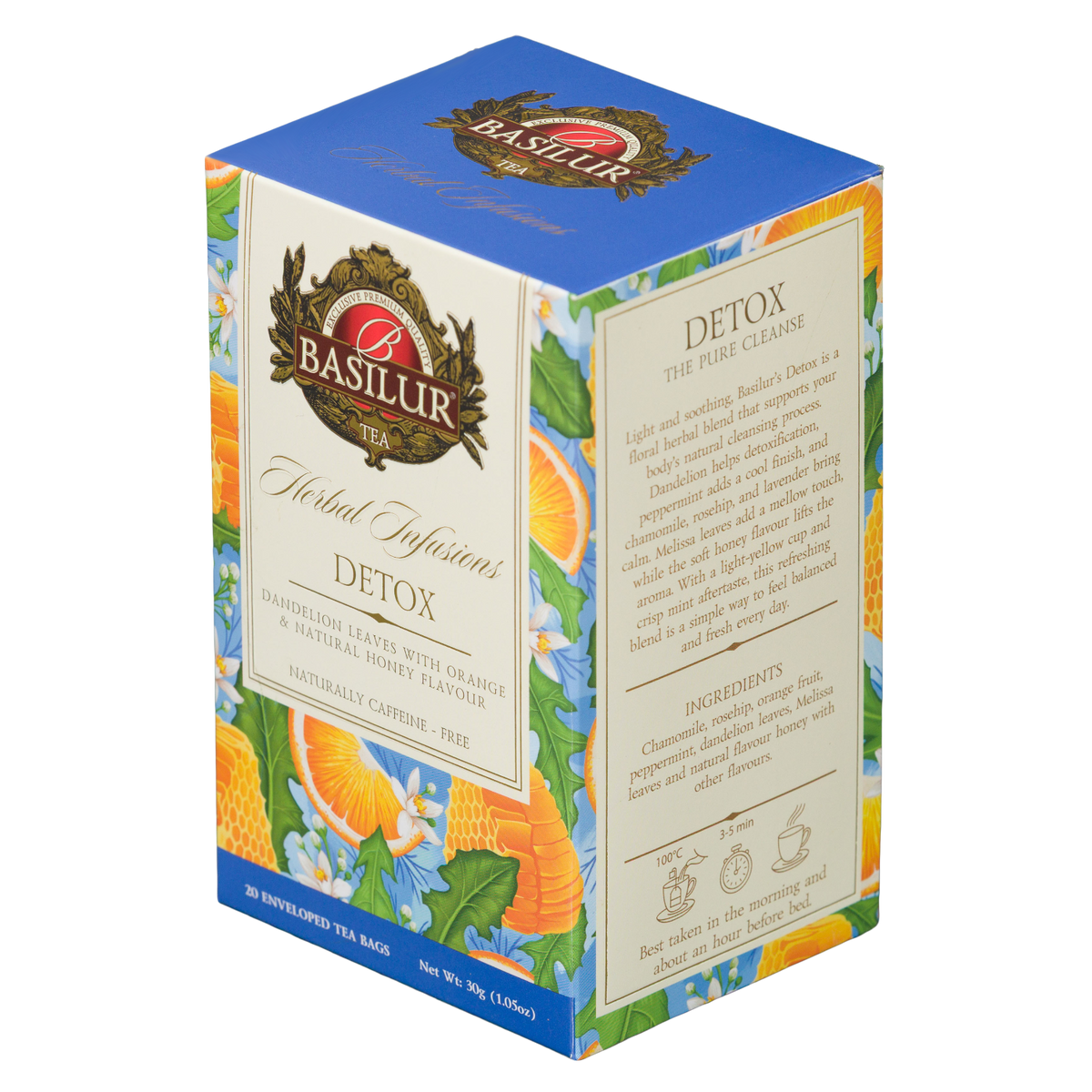 Opakowanie herbaty ziołowej Basilur Detox pokazane pod kątem, z informacjami o składzie i sposobie parzenia.