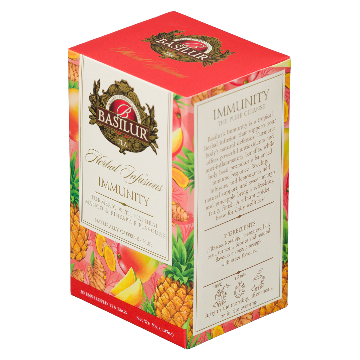 Herbata ziołowa Basilur Immunity w kolorowym opakowaniu z motywem mango, ananasa i kurkumy, widok z boku i przodu.