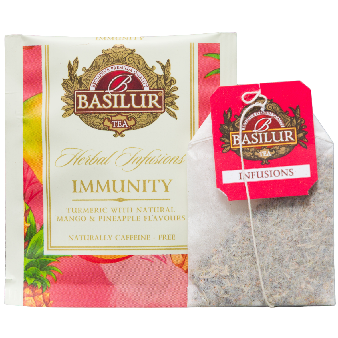 Saszetka herbaty ziołowej Basilur Immunity z hibiskusem, kurkumą, mango i ananasem wraz z indywidualną kopertą.