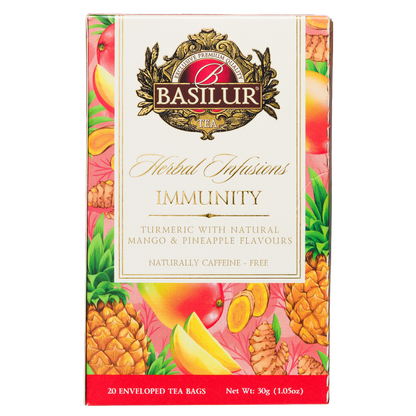 Herbata ziołowa Basilur Immunity z kurkumą, mango i ananasem, opakowanie 20 saszetek widoczne z przodu.