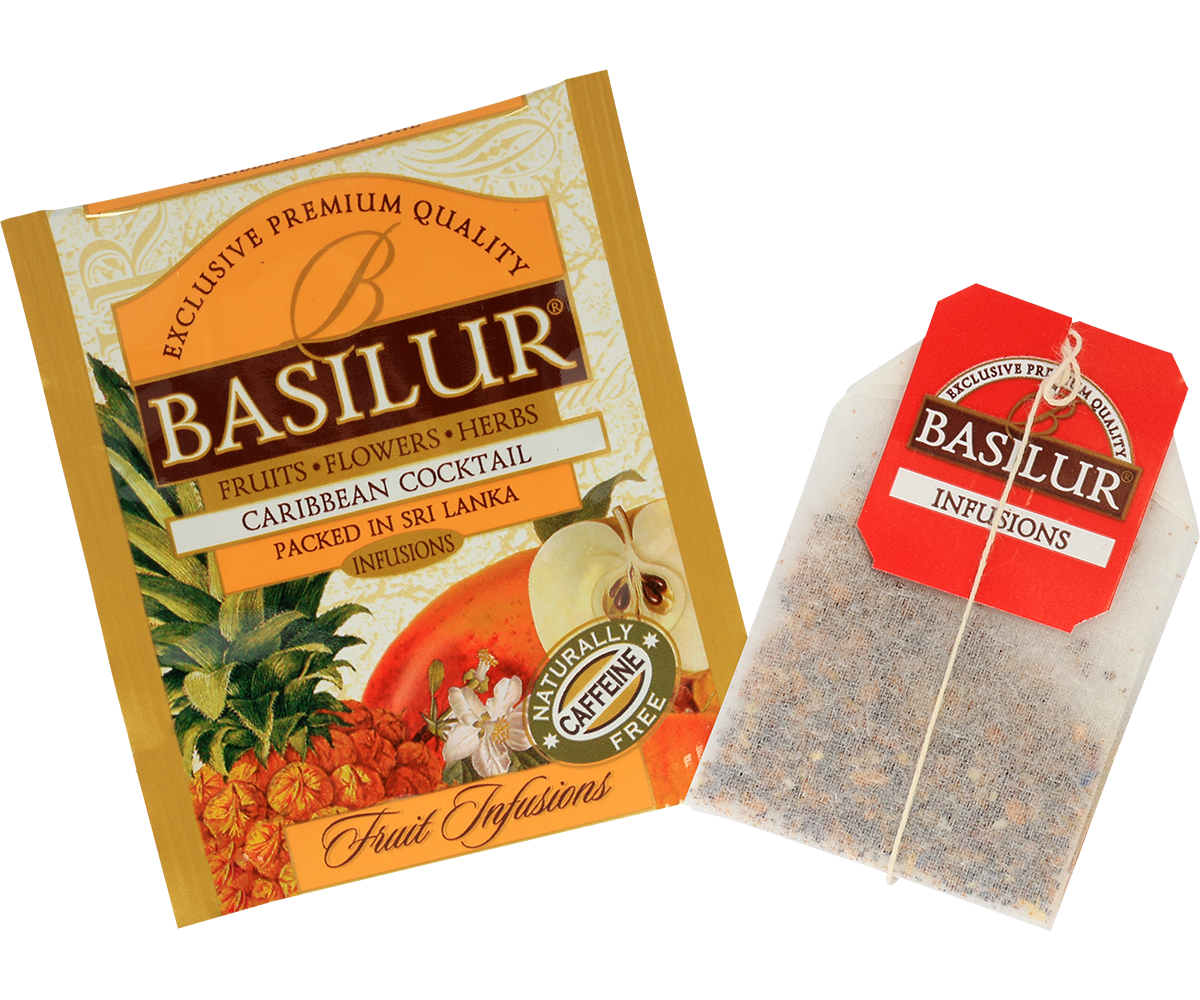 Saszetka Basilur Caribbean Cocktail – owocowa herbata bezkofeinowa w kopercie foliowanej.