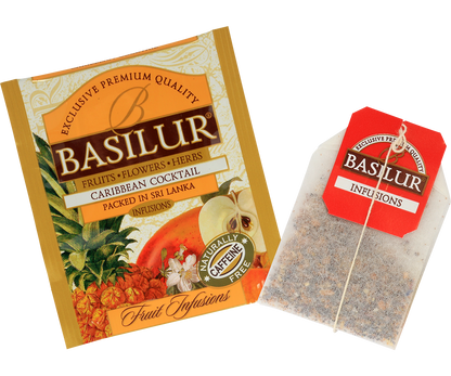 Saszetka Basilur Caribbean Cocktail – owocowa herbata bezkofeinowa w kopercie foliowanej.