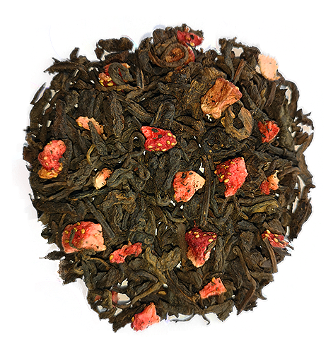 Herbata czerwona Pu Erh Truskawkowa z dodatkiem kawałków liofilizowanej truskawki.