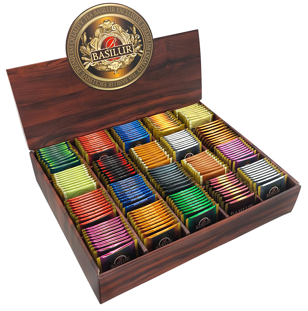 Otwarty ekspozytor Basilur z 200 kopertami herbat w różnych kolorach i smakach.