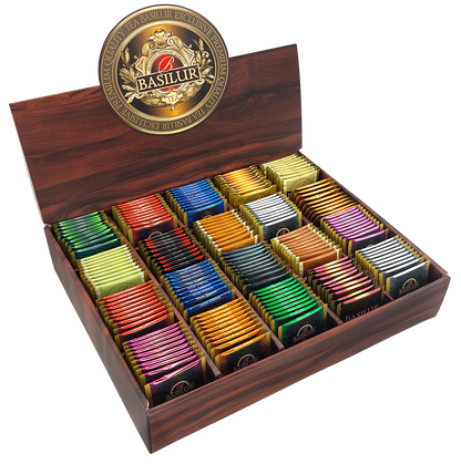 Otwarty ekspozytor Basilur z 200 kopertami herbat w różnych kolorach i smakach.