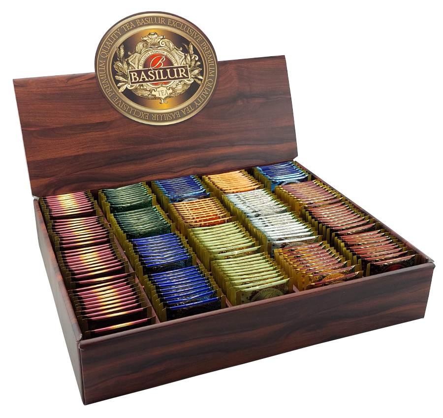 Otwarty ekspozytor Basilur Orientalny z 200 kopertami herbat w różnych smakach i kolorach.