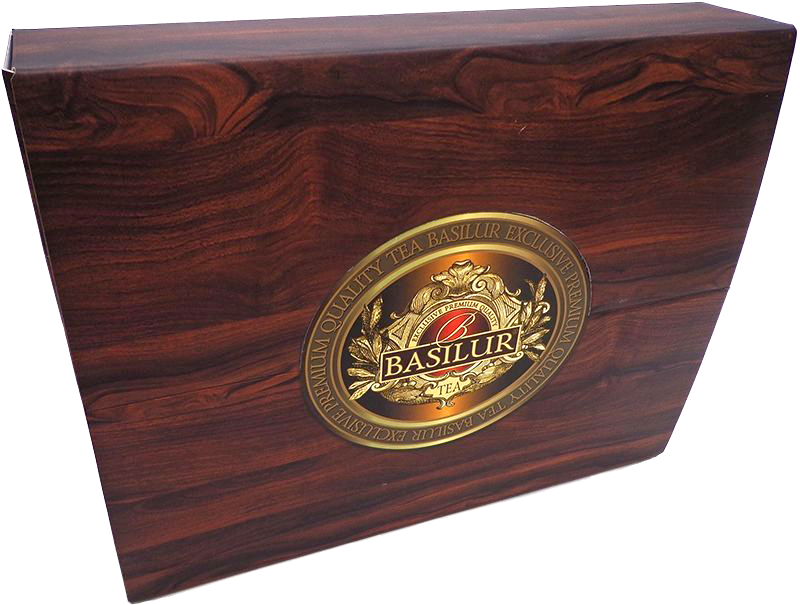 Drewniane pudełko Basilur z logo marki, elegancki ekspozytor na herbaty.