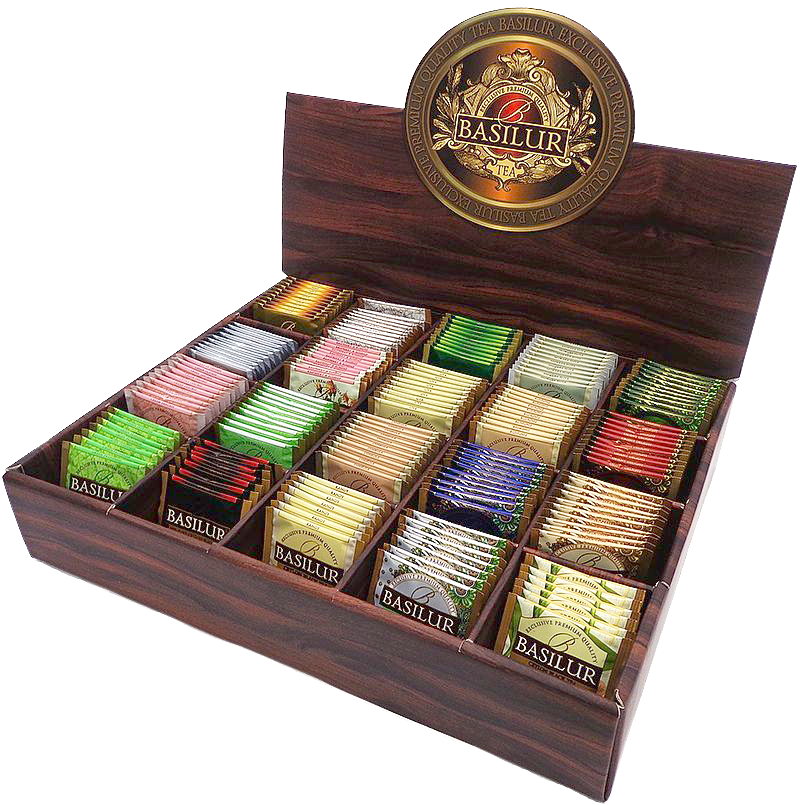 Drewniany ekspozytor Basilur z 200 kopertami herbat w różnych smakach.
