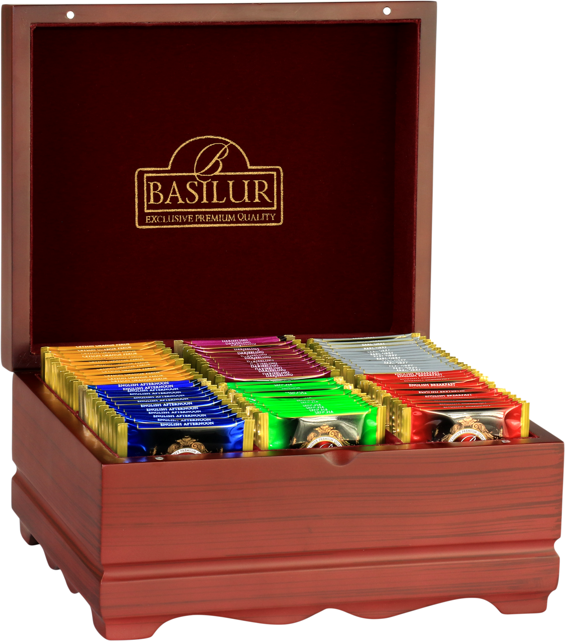 Drewniane pudełko Basilur Ekspozytor Orientalny z 60 torebkami herbat w kolorowych opakowaniach.