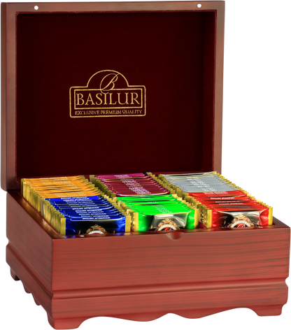 Drewniane pudełko Basilur Ekspozytor Orientalny z 60 torebkami herbat w kolorowych opakowaniach.
