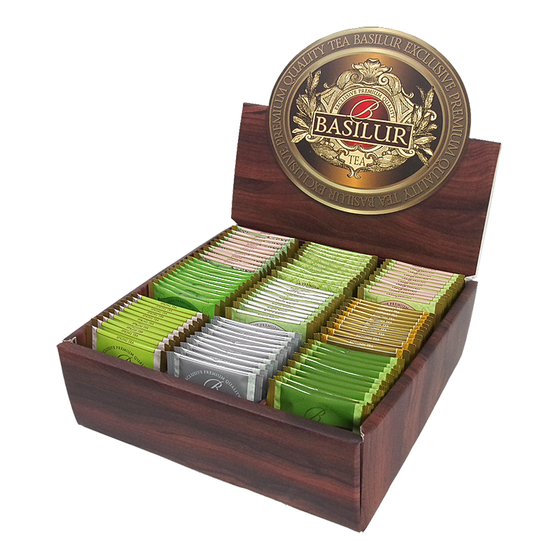 Otwarta skrzynka Basilur Cztery Pory Roku z kolorowymi kopertami herbat.