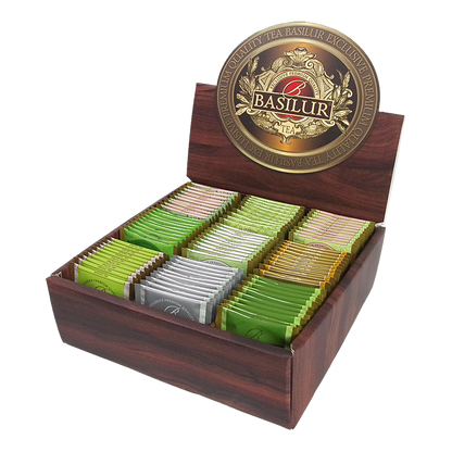 Otwarta skrzynka Basilur Cztery Pory Roku z kolorowymi kopertami herbat.