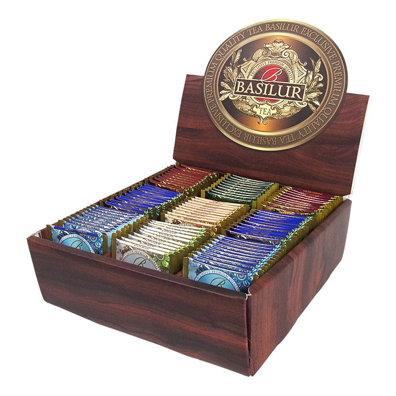 Otwarta skrzynka Basilur Ekspozytor Orientalny z kolorowymi kopertami herbat.