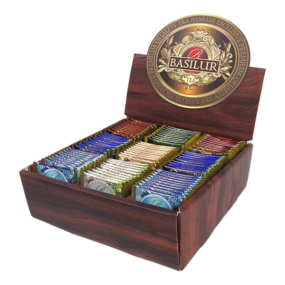 Otwarta skrzynka Basilur Ekspozytor Orientalny z kolorowymi kopertami herbat.