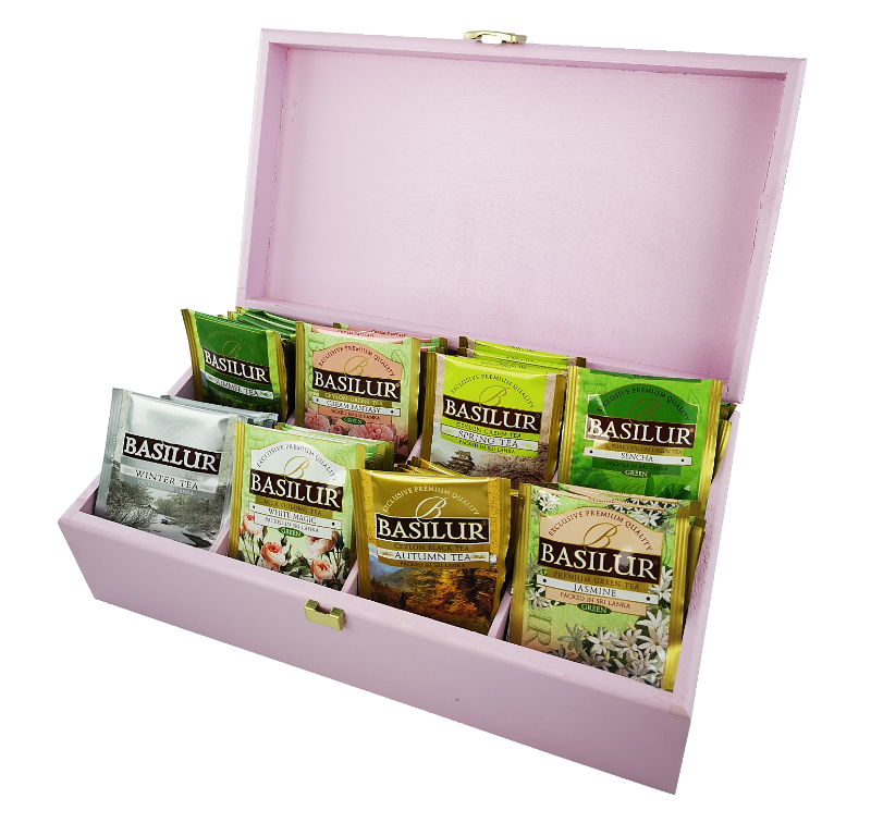 Drewniane pudełko różowe z herbatami Basilur, 80 saszetek w eleganckim zestawie.