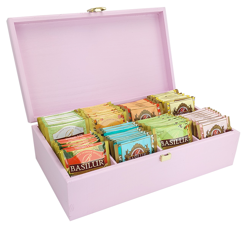 Otwarty różowy ekspozytor z 80 herbatami Basilur w kopertach, różne smaki.