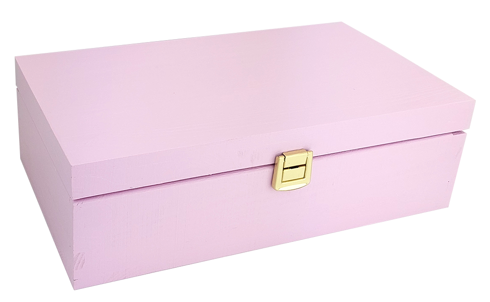 Zamknięty różowy drewniany ekspozytor Basilur z herbatami, elegancka skrzynka na saszetki.