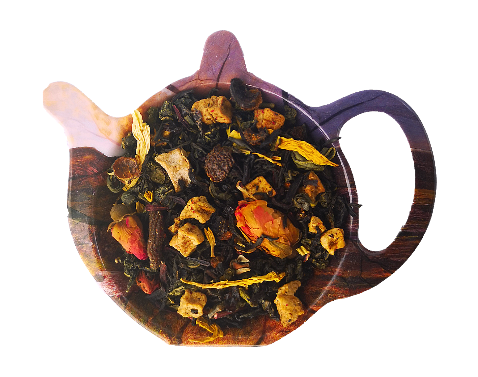 Susz herbaty Wesoła Rolada z oolongiem, czarną herbatą cejlońską, hibiskusem, owocami i płatkami kwiatów.