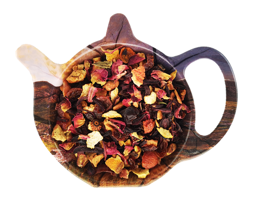 Herbata owocowa Jesienna Sonata z jabłkiem, hibiskusem, dziką różą, skórką pomarańczy, burakiem, płatkami róży i aromatem jabłkowo-cynamonowym.