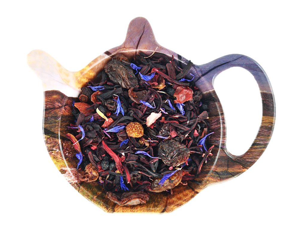 Susz herbaty owocowej Tęczowe Pojednanie z hibiskusem, dziką różą, maliną, rodzynkami i płatkami bławatka.