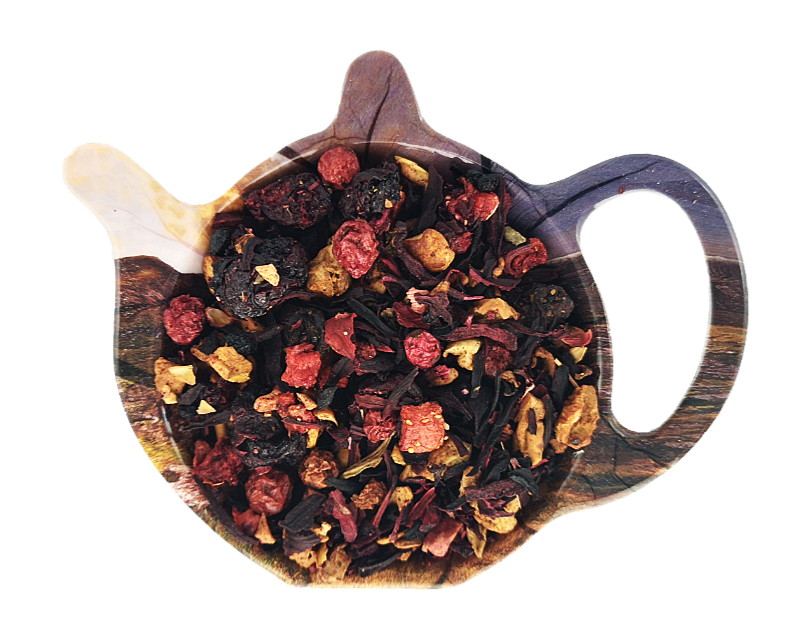 Mieszanka herbaty owocowej Kapitański Rum z kawałkami owoców, hibiskusem i nutą aromatu rumowego.