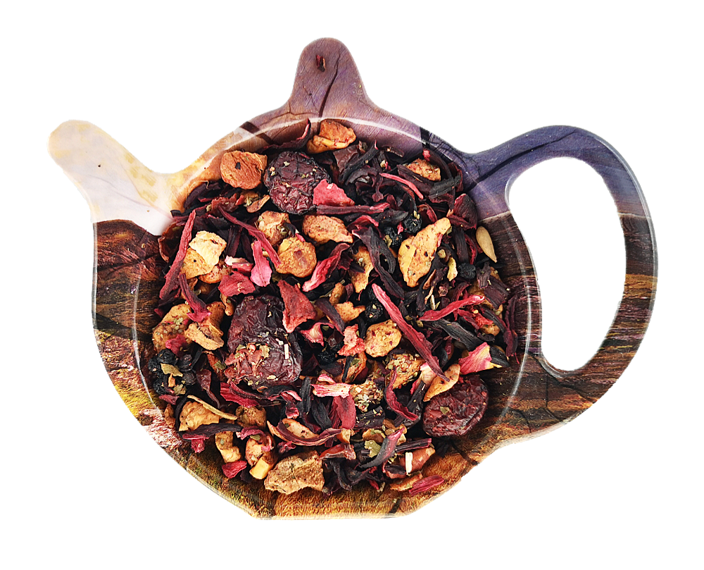 Owocowa herbata Leśny Kompot Babuni z jabłkiem, dziką różą, hibiskusem, żurawiną, czarnym bzem, truskawką i maliną.