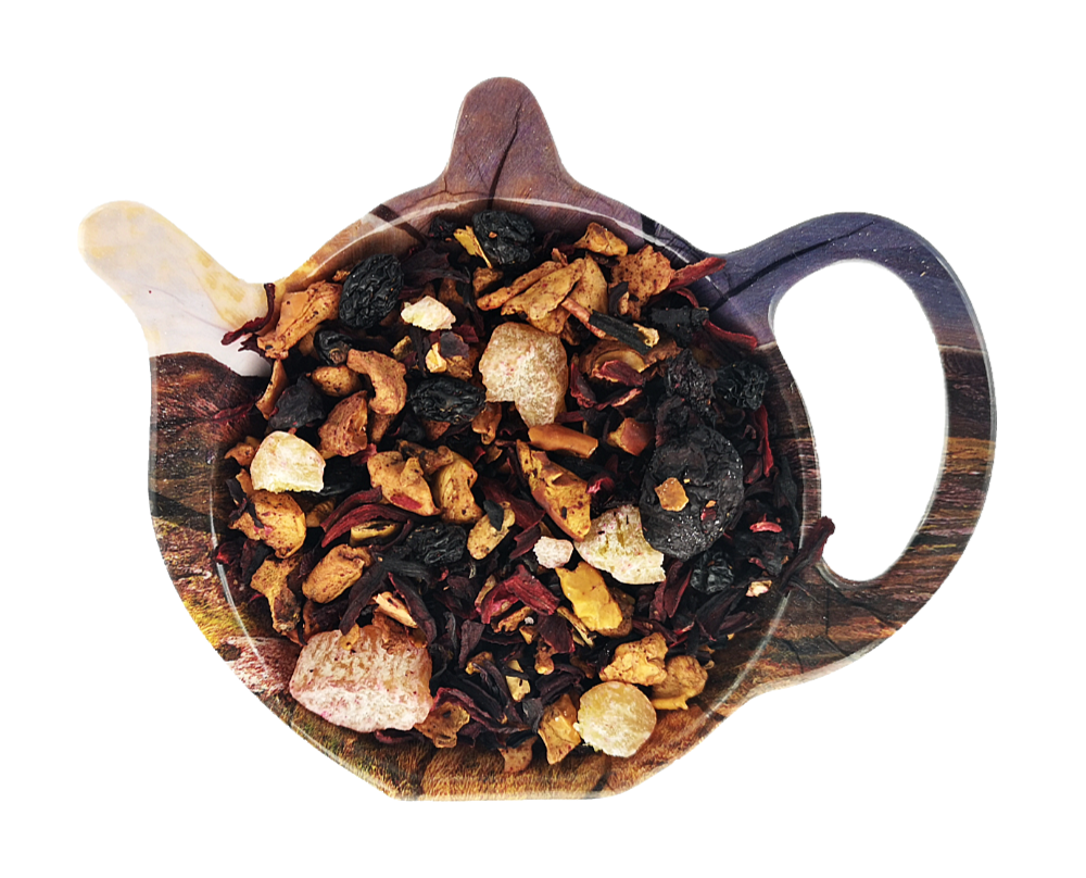Susz herbaty owocowa Nalewka Dziadunia z jabłkiem, rodzynkami, wiśnią liofilizowaną, hibiskusem i nutą rumu.