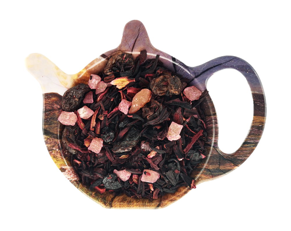 Susz herbaty owocowej Wybitna Wiśnia z hibiskusem, kandyzowanym ananasem, rodzynkami i wiśnią liofilizowaną.