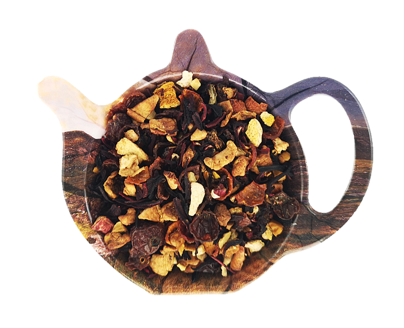 Susz herbaty owocowej Alpejska Zima z jabłkiem, hibiskusem, dziką różą, skórką pomarańczy i migdałami.