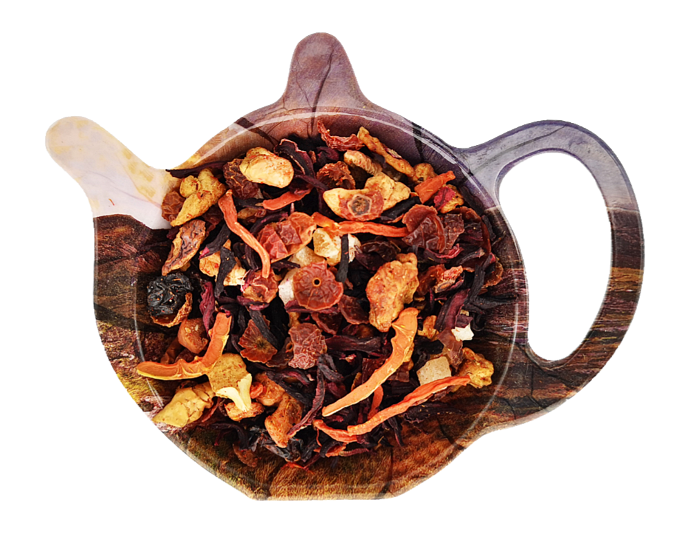 Herbata owocowa Robinsonada z jabłkiem, hibiskusem, dziką różą, papają kandyzowaną, marchewką i płatkami safloru.