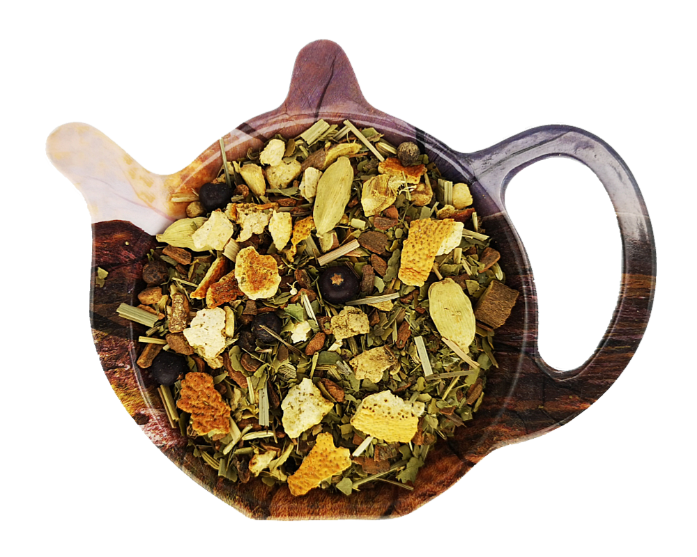 Herbata owocowa Dużo Szczęścia Naraz z pomarańczą, trawą cytrynową, imbirem, cynamonem, miętą i yerba mate.