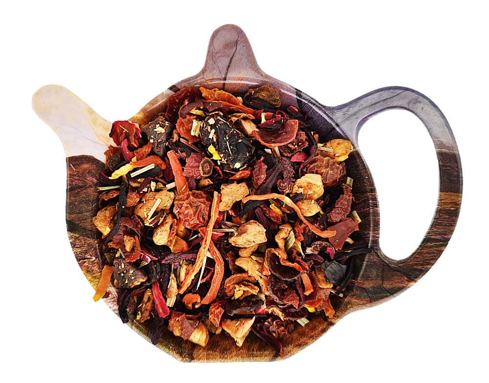 Susz owocowej herbaty Grażynka Żurawinka z jabłkiem, hibiskusem, dziką różą, kandyzowaną żurawiną i trawą cytrynową.