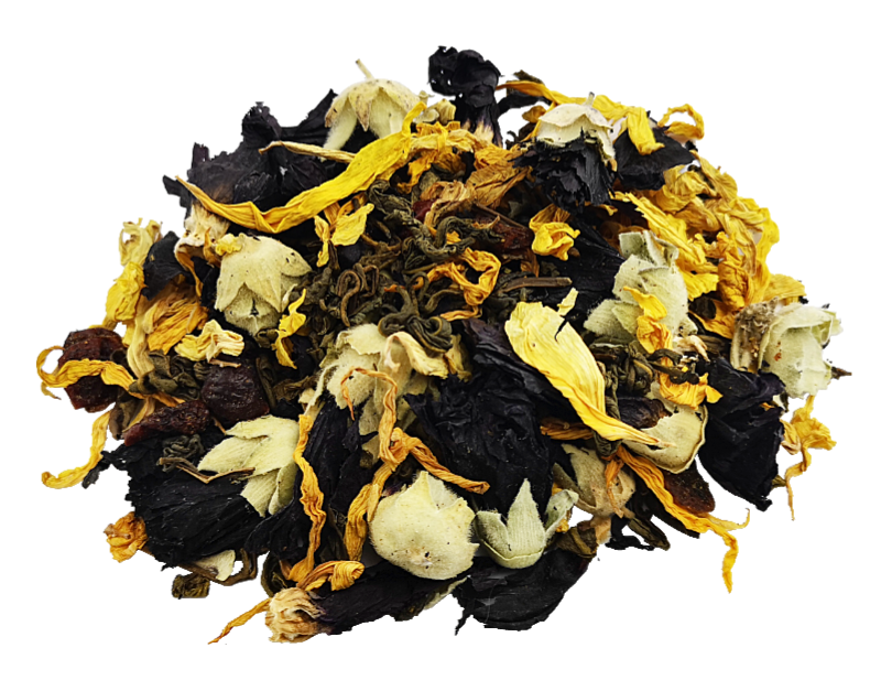 Suszona herbata zielona Żuraw i Malwa w liściach z dodatkiem owoców i kwiatów malwy, aromatyczna mieszanka 50 g.