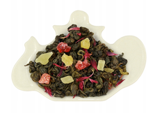 Zielona herbata Spring Tea z dodatkiem ananasa, wiśni, płatków bławatka i naturalnym aromatem wiśniowym.