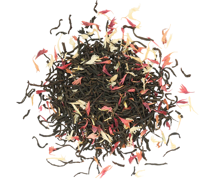 Susz czarnej herbaty Christmas House z płatkami białego i czerwonego chabru oraz aromatem marcepanu.