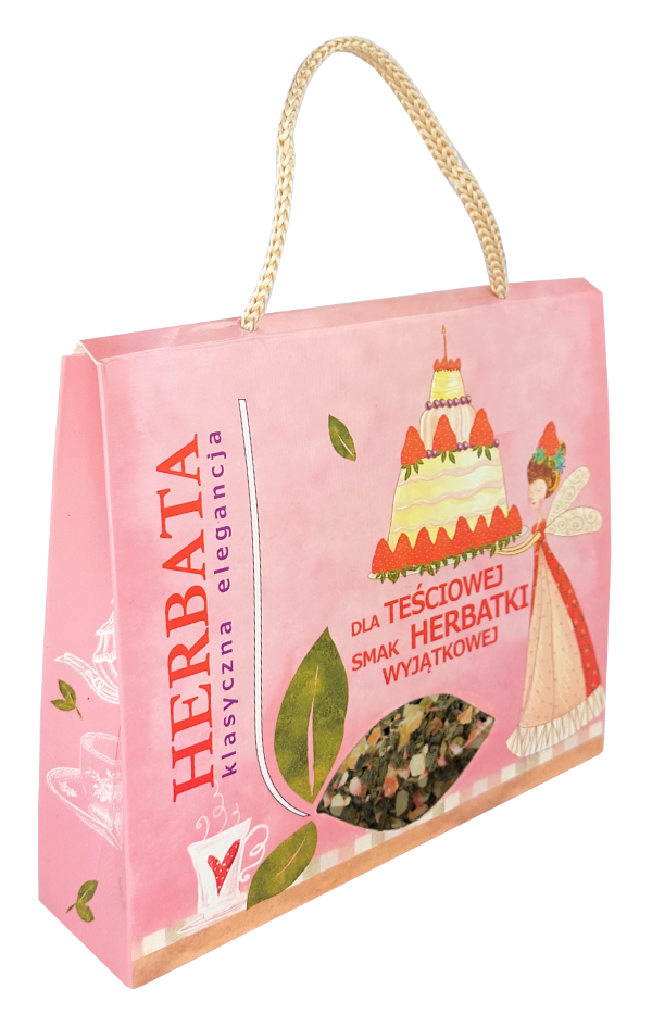 Herbata zielona dla teściowej w różowej torebce z grafiką tortu i wróżki.