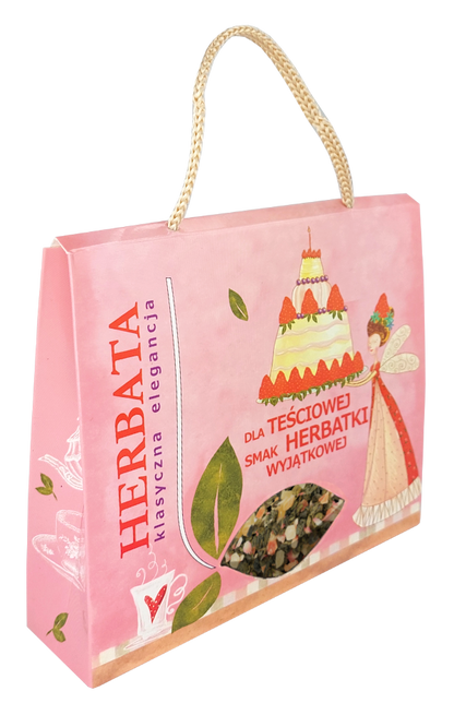 Herbata zielona dla teściowej w różowej torebce z grafiką tortu i wróżki.