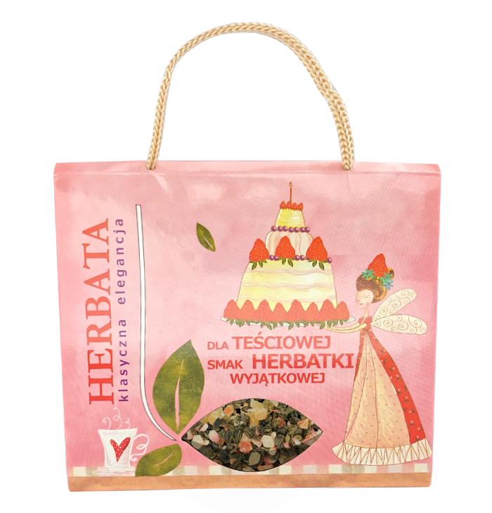 Różowa ozdobna torebka z herbatą zieloną dla teściowej – 50 g.