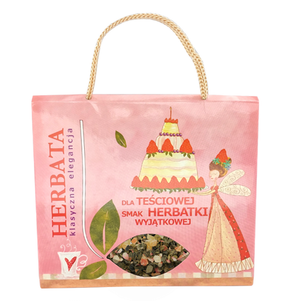 Różowa ozdobna torebka z herbatą zieloną dla teściowej – 50 g.