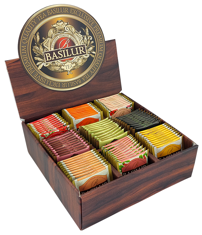 Otwarty ekspozytor Basilur Napary vol. I z 90 saszetkami herbat o różnych smakach i kolorach.