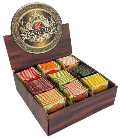 Otwarty ekspozytor Basilur Napary vol. I z 90 saszetkami herbat o różnych smakach i kolorach.