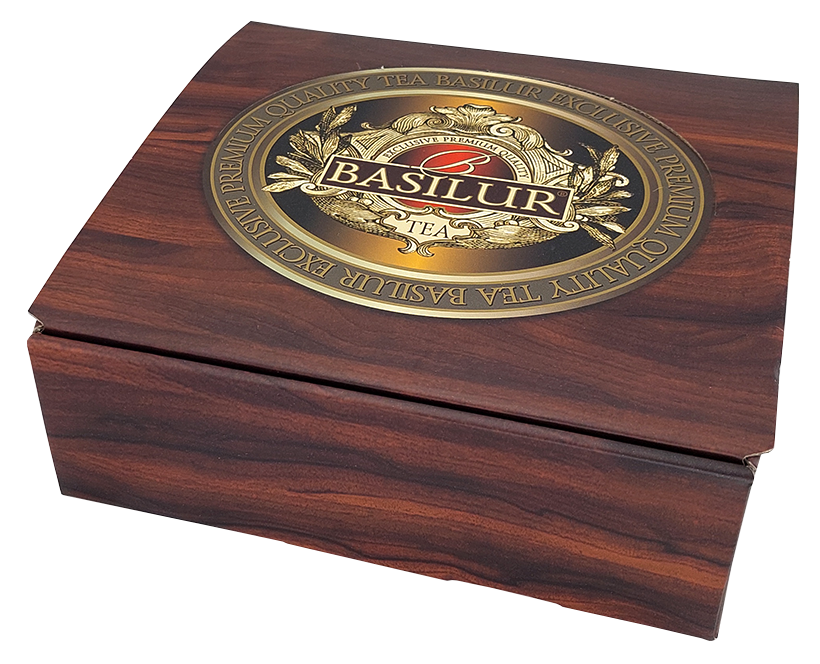 Zestaw herbat Basilur Ekspozytor Napary vol. I w eleganckim pudełku o wyglądzie drewna z logo Basilur.
