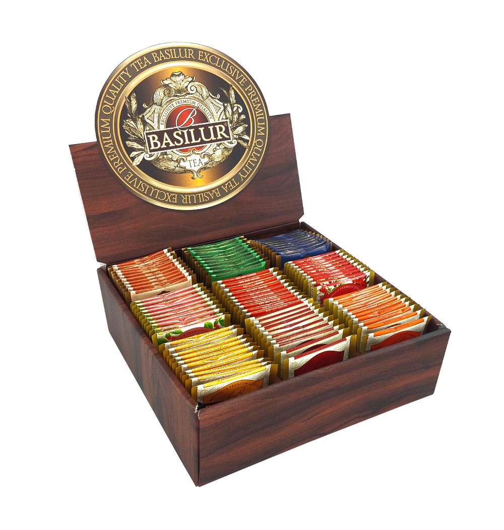 Otwarty ekspozytor Basilur Napary vol. II z 90 torebkami herbat w kolorowych opakowaniach.