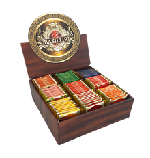 Otwarty ekspozytor Basilur Napary vol. II z 90 torebkami herbat w kolorowych opakowaniach.