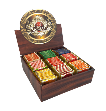 Otwarty ekspozytor Basilur Napary vol. II z 90 torebkami herbat w kolorowych opakowaniach.