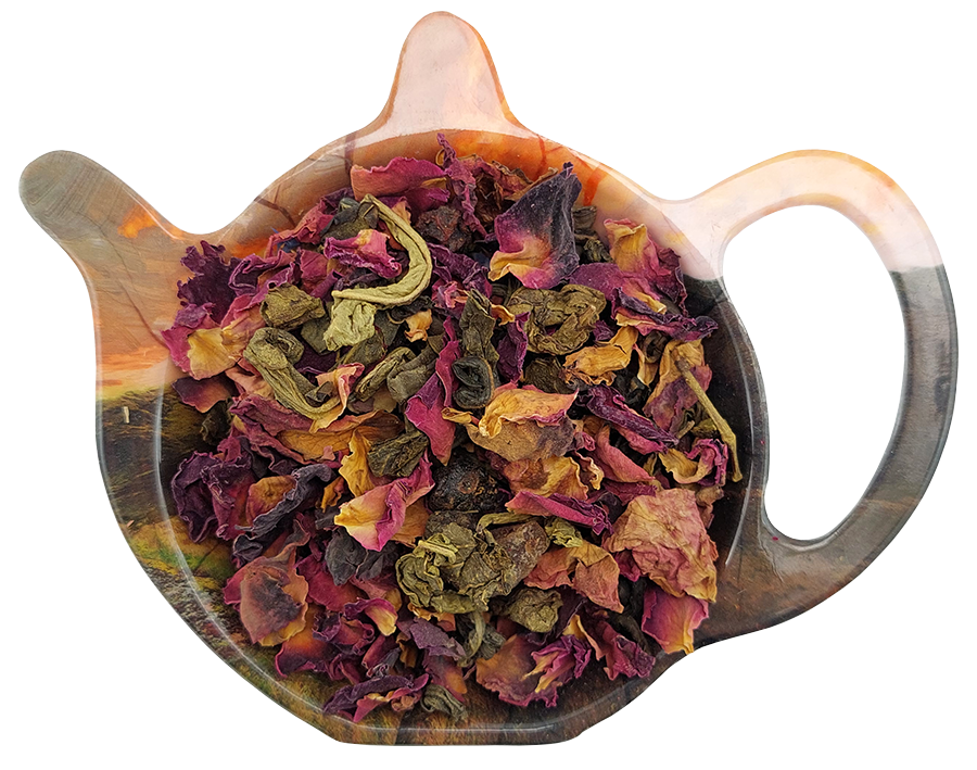 Zielona herbata Różana Dolina z płatkami róży, jaśminem, owocami jarzębiny i agrestem.