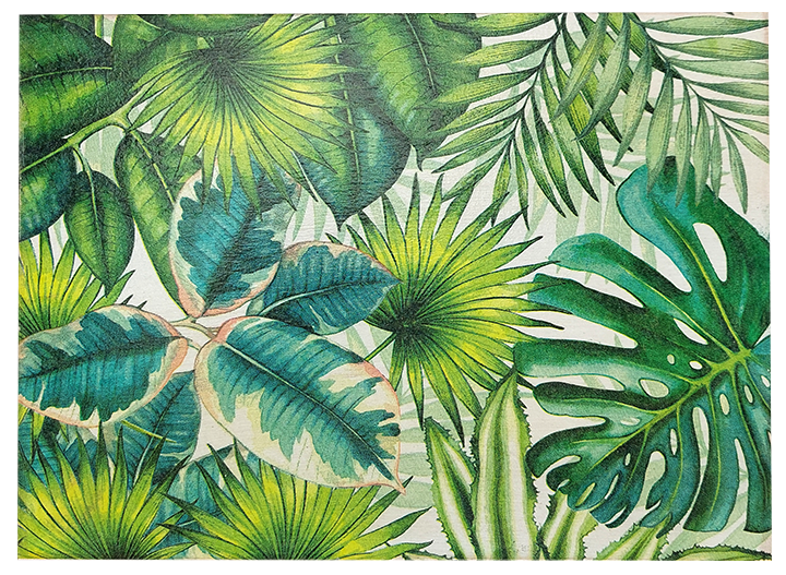 Tropikalny wzór liści na drewnianym pudełku ekspozytora Botanik z herbatami Basilur.