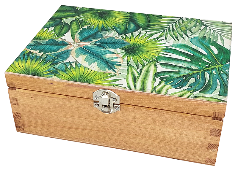 Drewniane pudełko na herbatę Botanik z roślinnym motywem na wieczku.