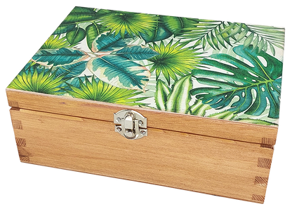 Drewniane pudełko na herbatę Botanik z roślinnym motywem na wieczku.