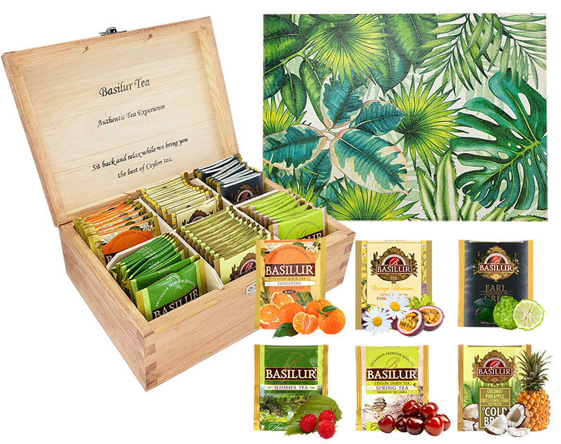 Zestaw herbat Basilur Botanik z drewnianym pudełkiem i różnymi smakami.